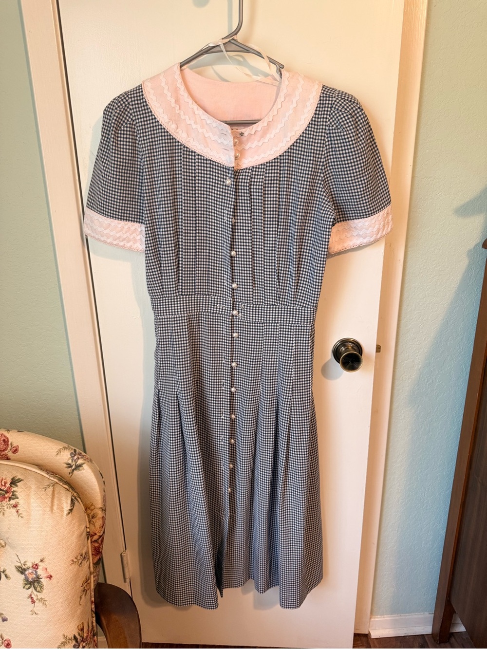 Gingham Button-Front Dress with Pink Trim